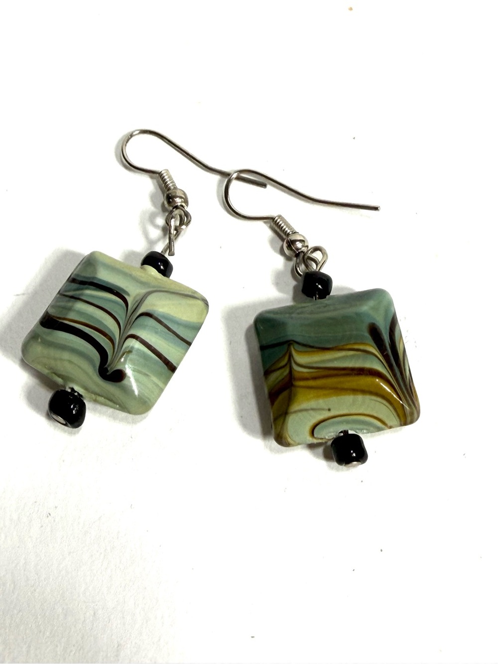 Hand Crafted Lampwork Dangle Earrings Wavy Swirled Earthy Blue Green Amber Tones